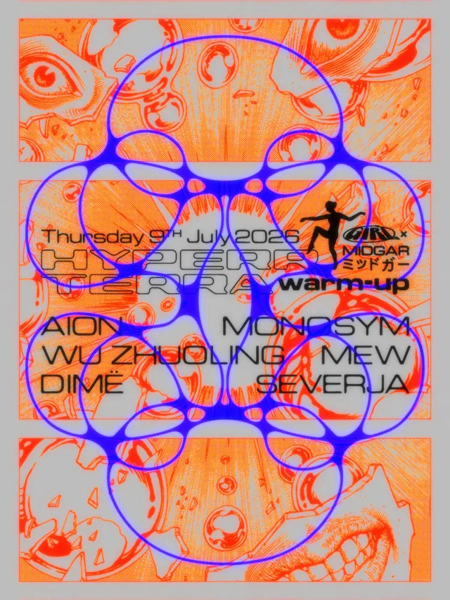 Midgar Records event poster with overlapping organic shapes, maximalist, abstract, vibrant
