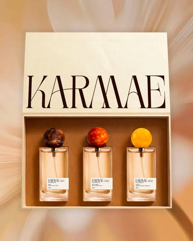 Karmae perfume brand identity carousel (slide 8), minimal, luxury, warm