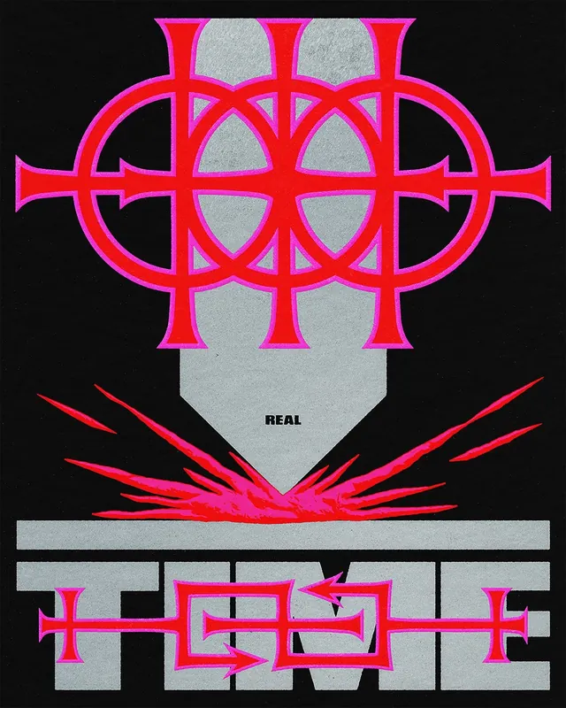 Neon geometric cross poster, neo-brutalist, geometric, dark