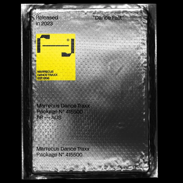 Dance Traxx packaging with yellow label and metallic wrap, playful, minimal, vibrant
