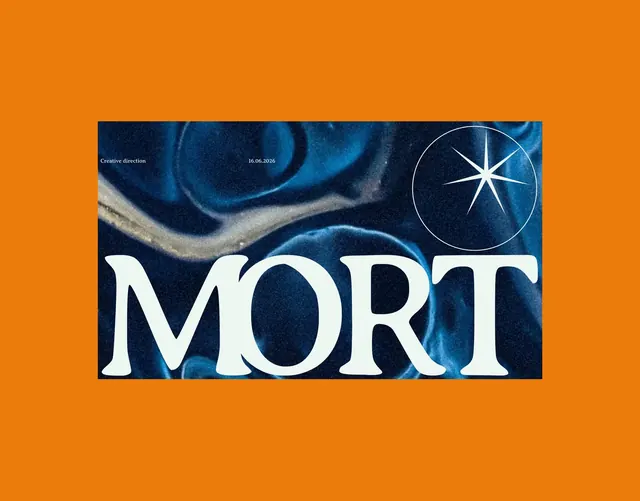 Marbled MORT poster on orange field, abstract, minimal, vibrant