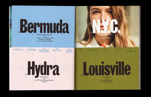 Four museum guide spreads typography and image grid, editorial, corporate-clean, muted