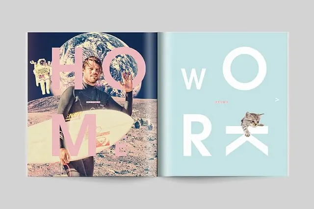 Magazine spread layout with oversized typography, editorial, gradient-heavy, pastel