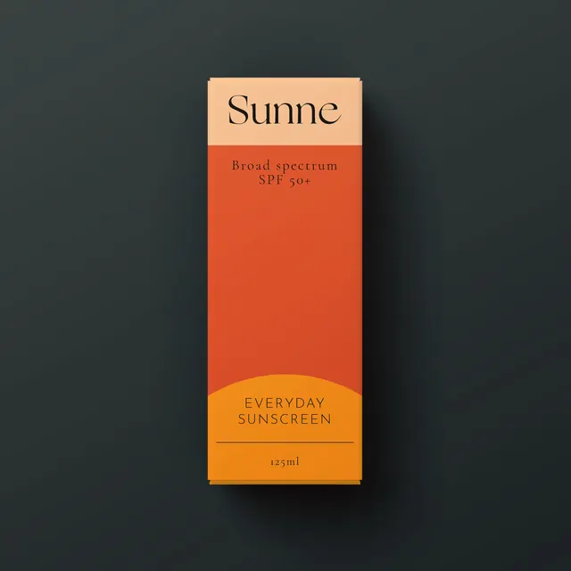Sunne sunscreen packaging, minimal, playful, warm