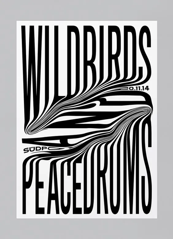Black and white wavy typography poster, monochrome, line-art, monochrome