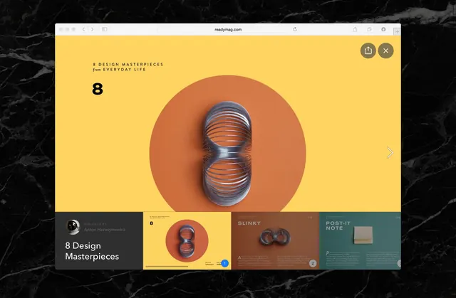 8 Design Masterpieces portfolio spread, 3d-render, minimal, dark