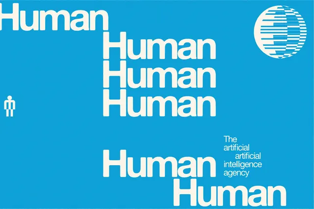 Human repeated on bright blue, minimal, corporate-clean, vibrant