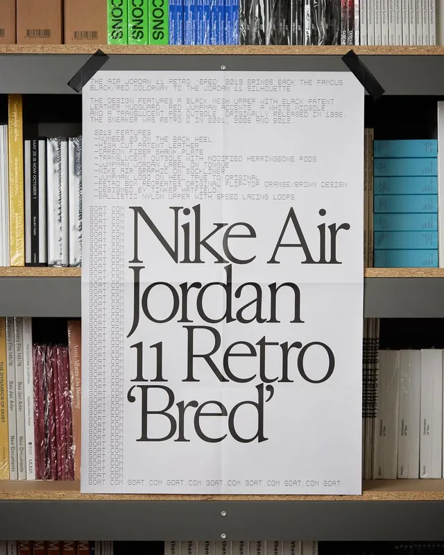 Air Jordan 11 Bred GOAT typographic poster, editorial, minimal, monochrome