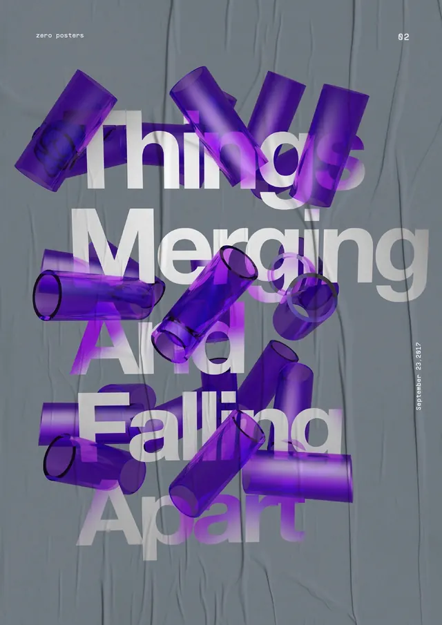 Things Merging purple cylinders poster, 3d-render, minimal, muted