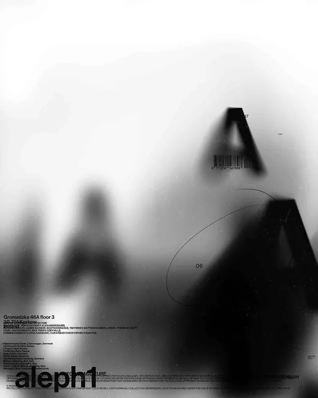 aleph1 blurred typographic poster, swiss, minimal, monochrome