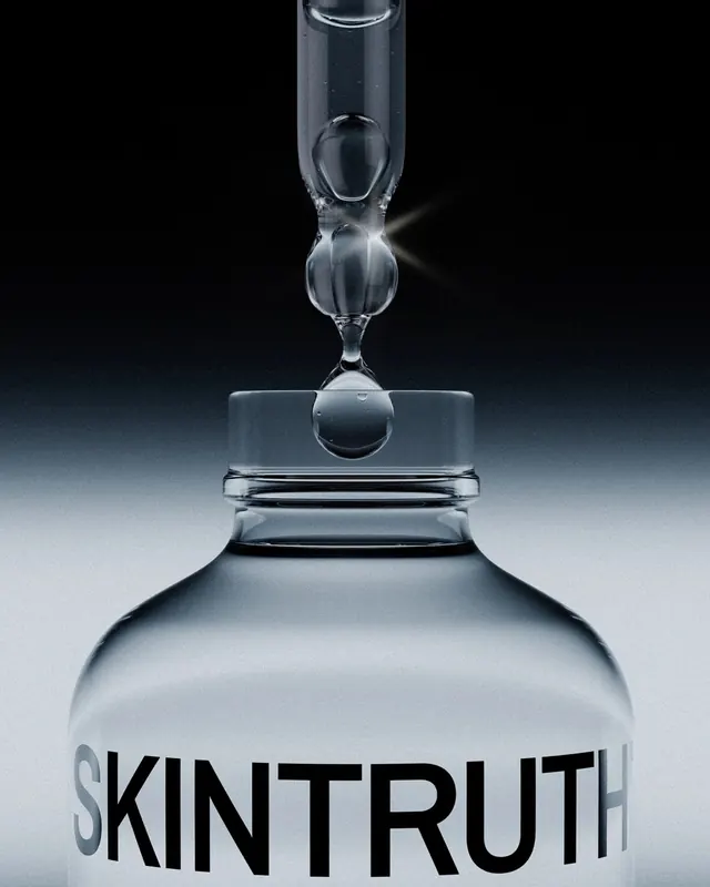 SKINTRUTH serum dropper product shot, minimal, luxury, dark