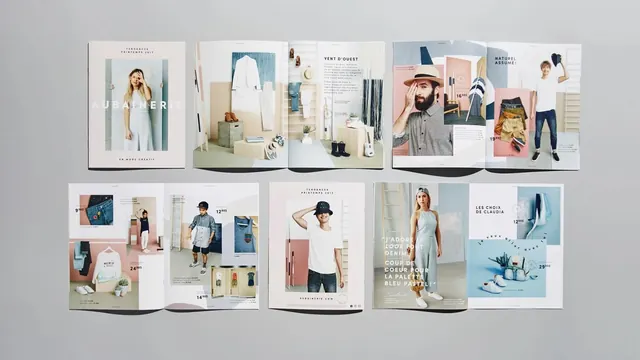 Aubainerie spring catalog spreads, minimal, editorial, pastel