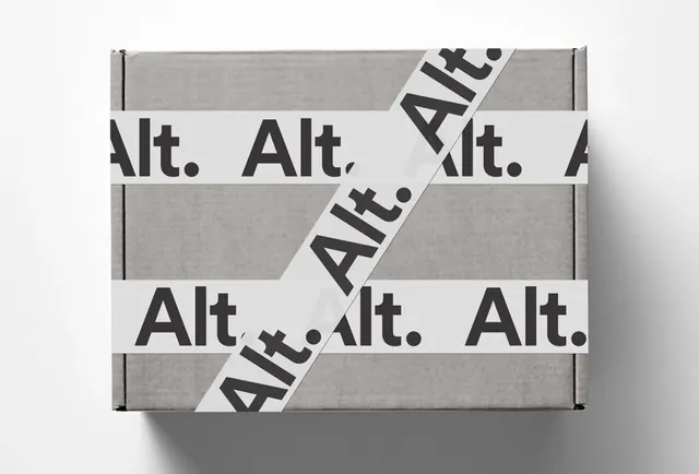 Alt branded packing tape on box, minimal, corporate-clean, muted