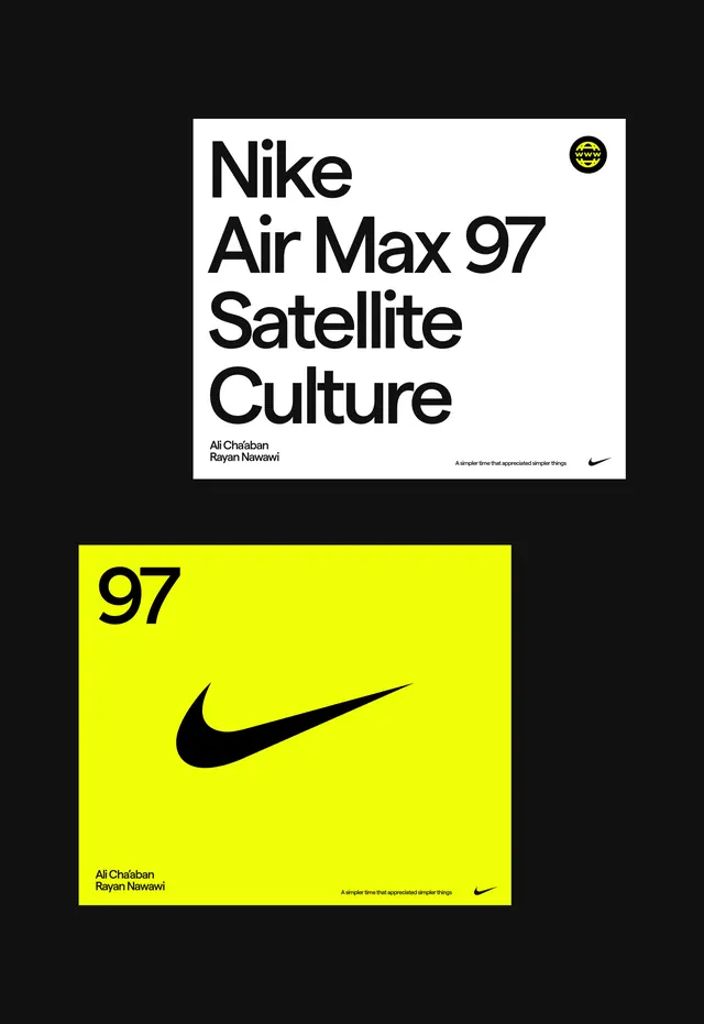 Nike Air Max 97 Satellite Culture posters, swiss, minimal, dark