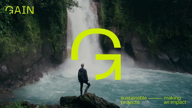 GAIN sustainable brand over waterfall, photographic, corporate-clean, vibrant
