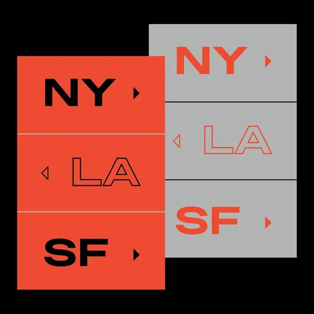 Overlapping NY LA SF city abbreviation blocks, minimal, swiss, vibrant
