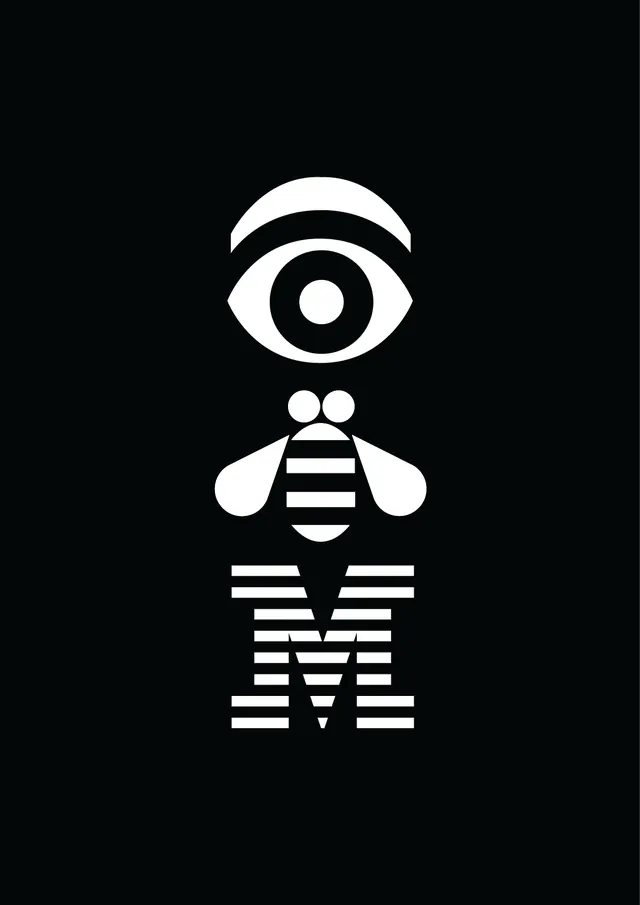 IBM Eye Bee M Paul Rand rebus poster, minimal, flat, monochrome