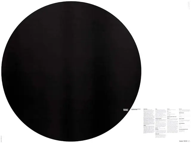 SCALE poster with black circle and dense columns, swiss, minimal, monochrome