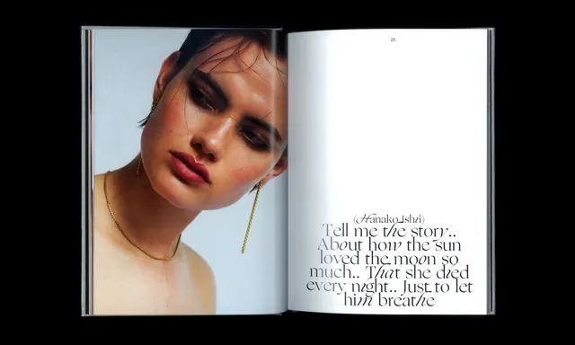 Editorial magazine spread with portrait and poetry text, editorial, photographic, warm