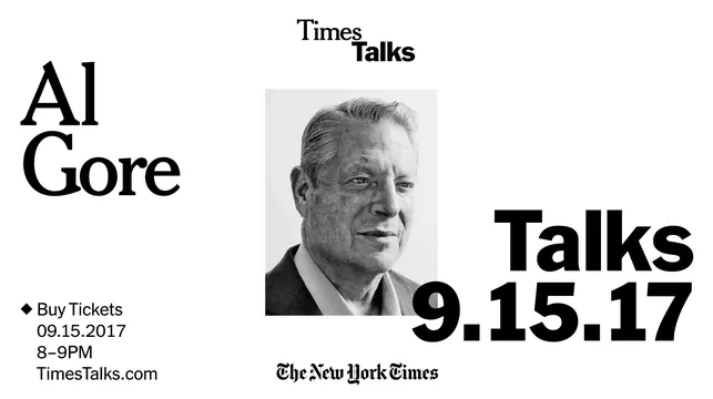 Al Gore Times Talks event poster, editorial, corporate-clean, monochrome