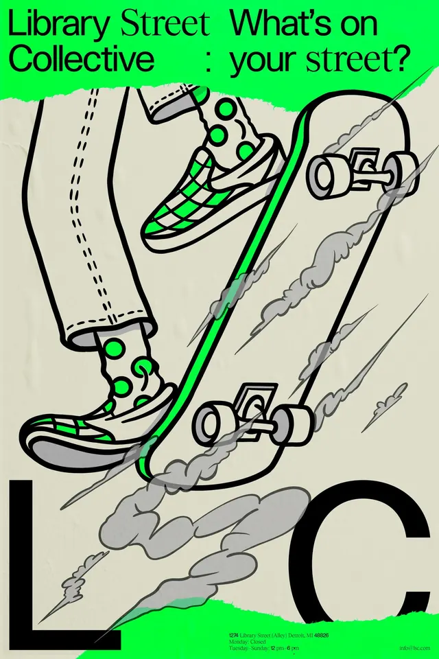 Library Street Collective skateboard poster, illustrated, playful, vibrant