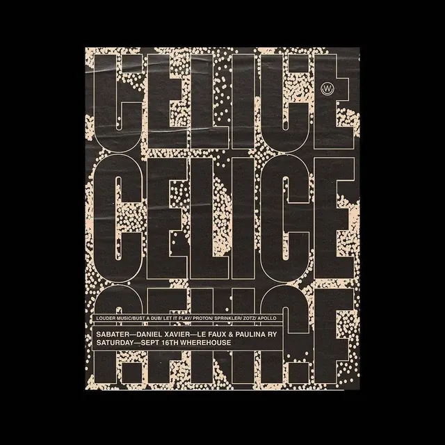 Warehouse event poster with architectural floor plan, editorial, geometric, dark
