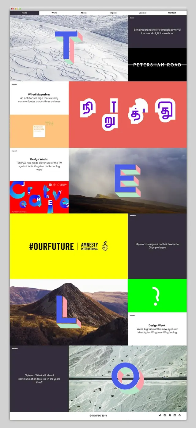 Design studio portfolio showcase grid, bold, maximalist, vibrant