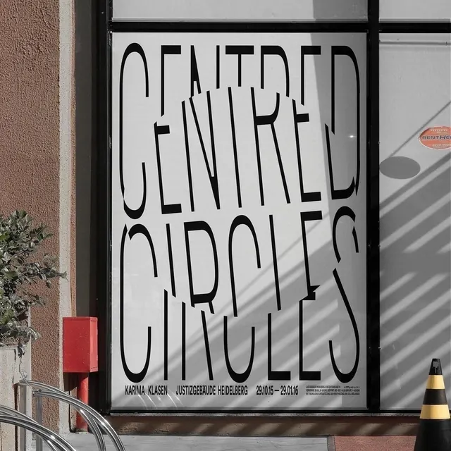 Centered exhibition poster with stacked letterforms, minimal, geometric, monochrome