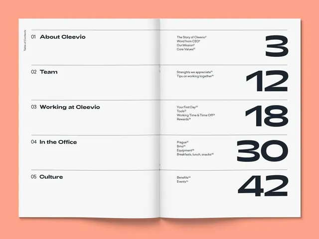 Brand guideline table of contents with navy and coral, editorial, minimal, warm