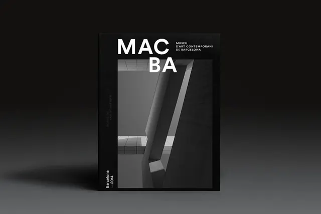 MACBA architectural catalog cover, minimal, swiss, dark