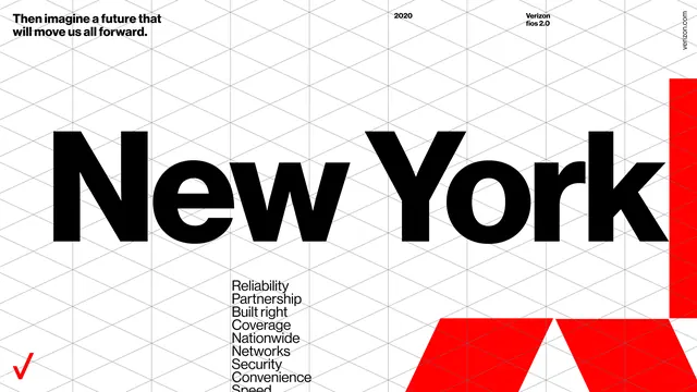 Verizon New York branding campaign, corporate-clean, geometric, dark