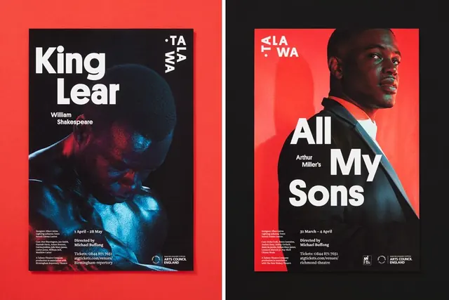 Theater production posters with split color blocking and portrait photography, bold, editorial, vibrant