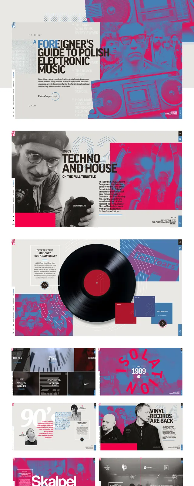Electronic music publication design (multi-page spread), editorial, gradient-heavy, vibrant