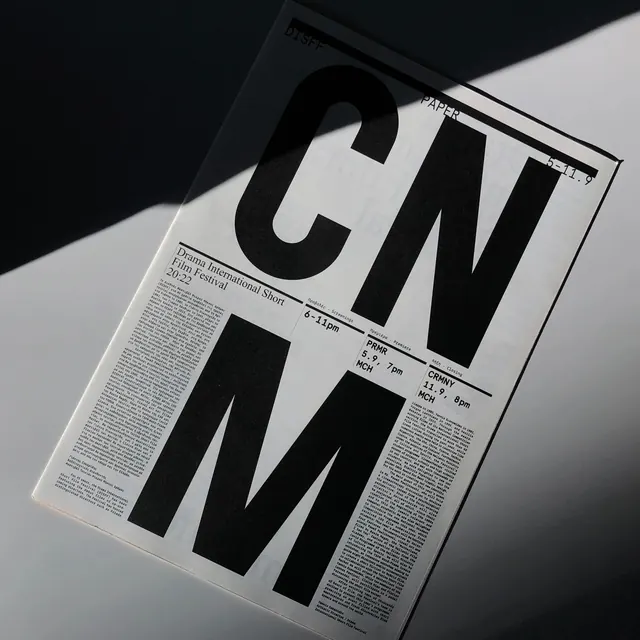 Drama festival poster with bold oversized typography, editorial, oversized, monochrome