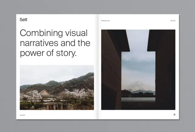 Sett design studio proposal with Japanese landscape photography, editorial, minimalist, light