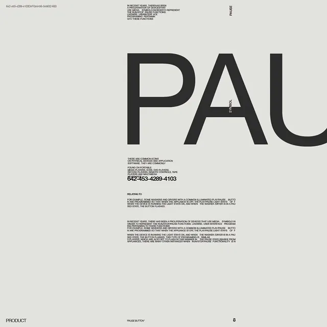 Product manual technical typography page 'Pause' button documentation, technical, editorial, monochrome