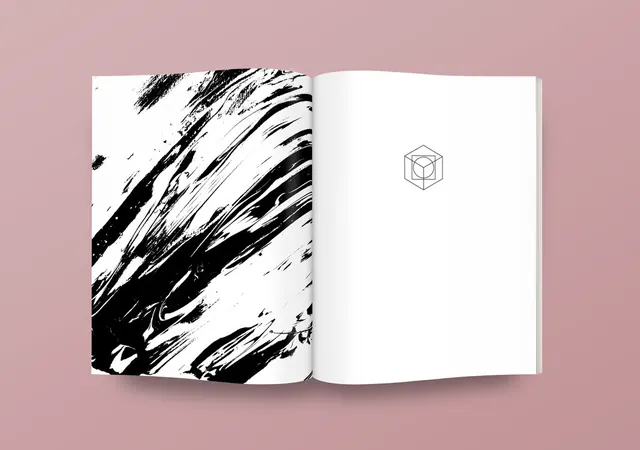 Editorial design spread with black brushstroke and isometric icon, editorial, minimal, monochrome
