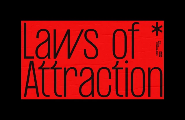 Red typographic poster "Laws of Attraction, bold, technical, vibrant