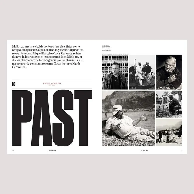 Art publication spread on Mallorca with bold "PAST" typography, editorial, typography-heavy, monochrome