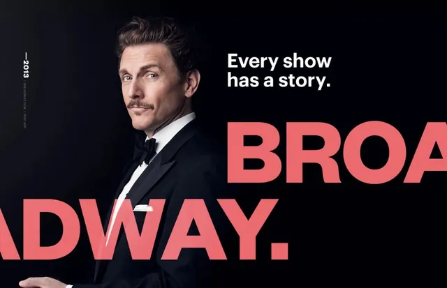 Broadway poster with performer and tagline, editorial, bold, dark