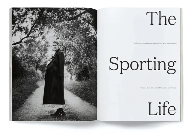Editorial book spread with portrait and typography, editorial, photographic, monochrome