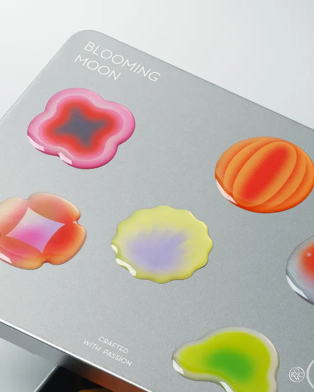 Blooming Moon dessert packaging with 3D shapes, 3d-render, playful, vibrant
