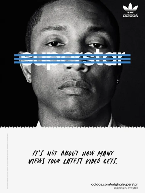 Superstar portrait ad with striped typography, monochrome, editorial, dark