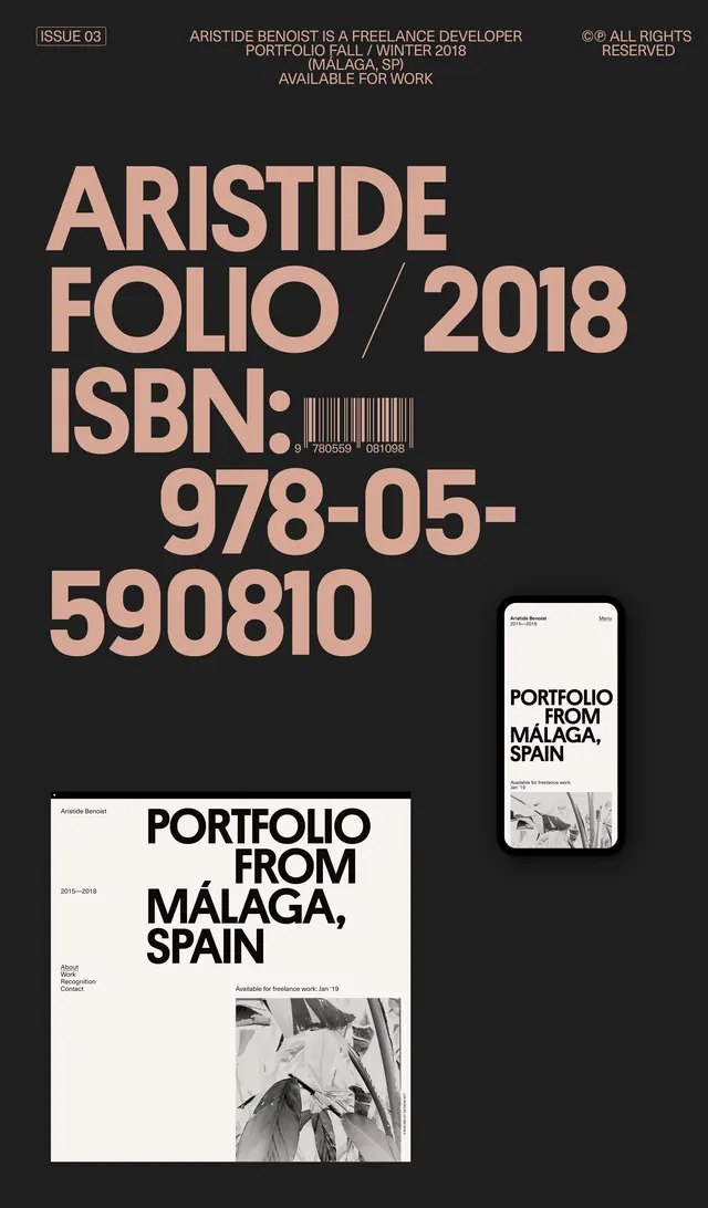Aristide portfolio book cover, editorial, minimal, dark