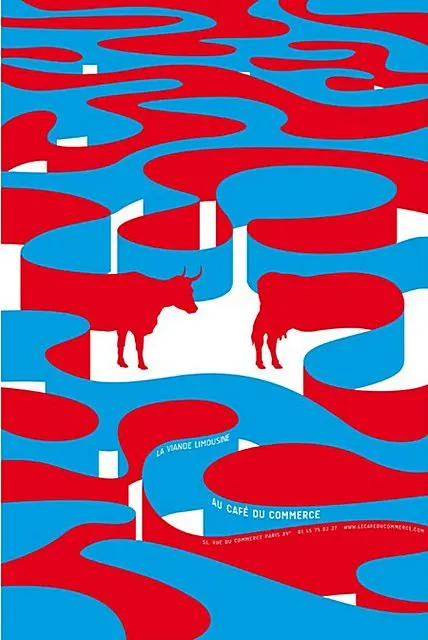Café poster with bold geometric shapes and cattle silhouettes, geometric, abstract, vibrant