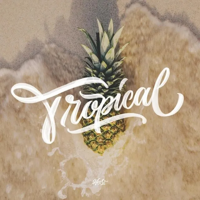 Tropical pineapple typography poster, photographic, illustrated, warm