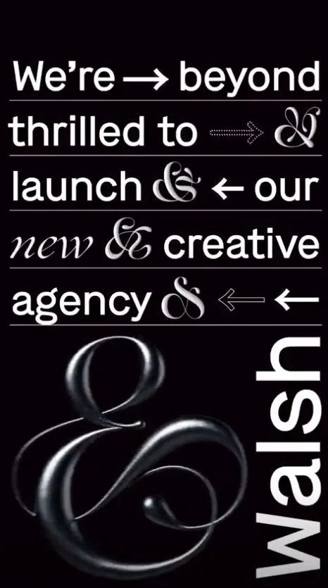 Dark agency launch announcement with 3D ampersand, dark-mode, 3d-render, dark