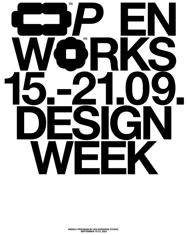 OPEN WORKS Design Week poster, editorial, bold, monochrome