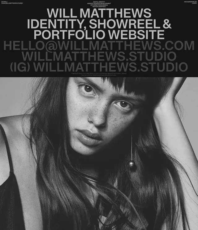 Studio portfolio cover with portrait and typography, photographic, minimal, dark