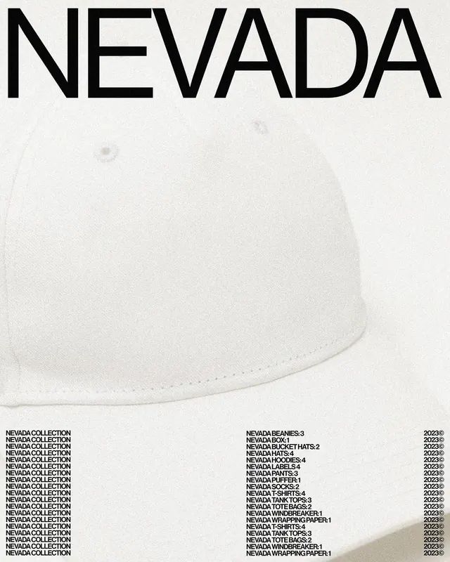 Nevada collection poster with product list, minimal, swiss, light